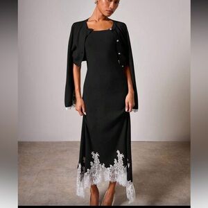 Black knit lace trim hem detail midi dress- matching cardigan white lace trim